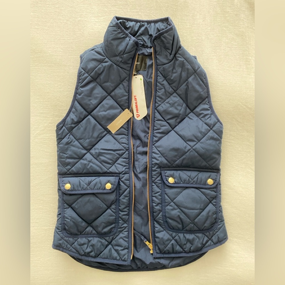 J.Crew Navy Blue Quilted Puffer Vest Gold Snap Buttons Size XXS